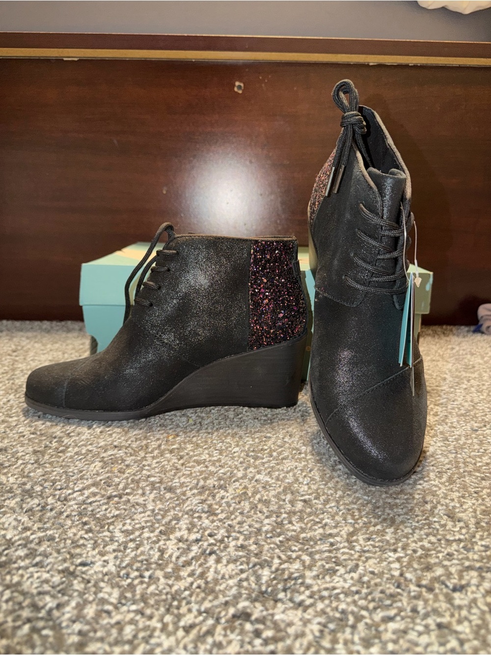 TOMS Black Glitter Wedge Ankle Booties - Women’s Size 8 - NWT